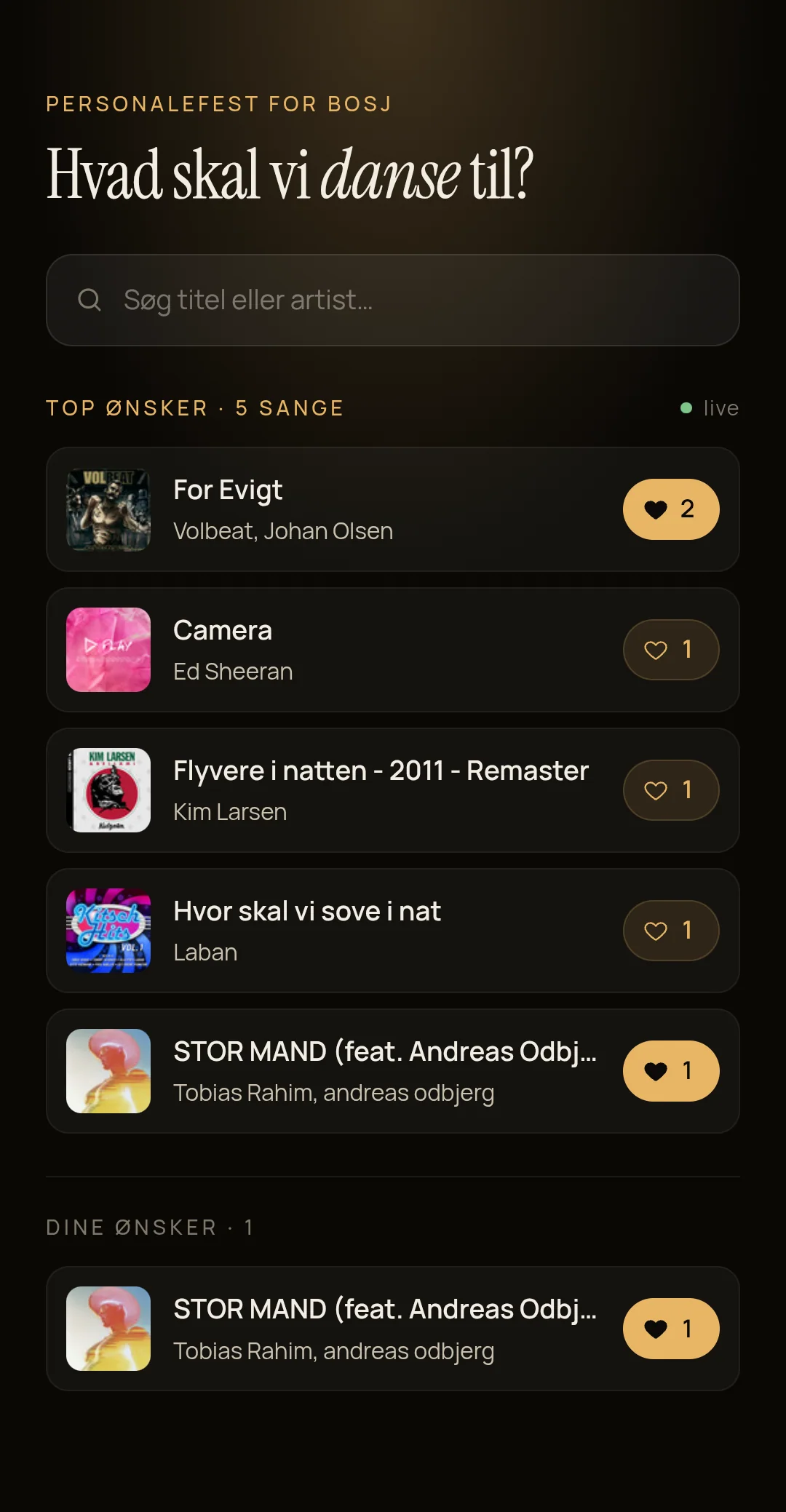 Musikønske-app til fest: gæsterne sender sange til DJ'en via QR-kode — skærmbillede med top-ønsker fra en personalefest
